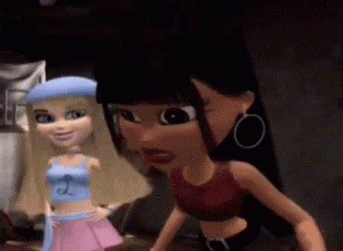 two cartoon dolls are standing next to each other in a room .