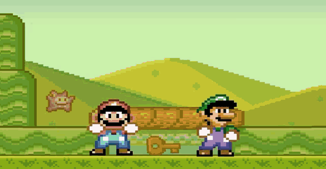 mario and luigi are standing next to each other in a video game scene
