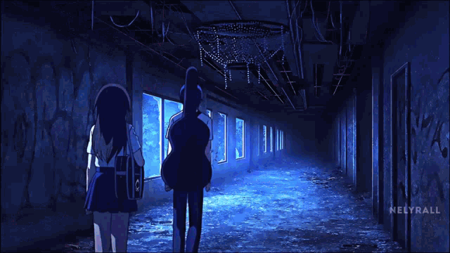 two anime characters are standing next to each other in a dark hallway and the bottom right corner says elydale
