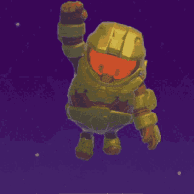 a pixel art of a man in a yellow armor with a red helmet