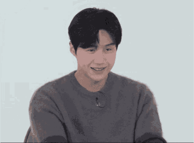a man wearing a grey sweater is smiling and looking at the camera