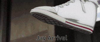 a person wearing a pair of white sneakers with the words jay arrival below it