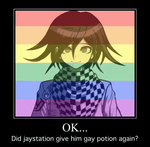 a poster with a picture of a boy with a rainbow flag behind him and the words ok did jaystation give him gay potion again