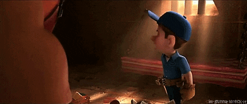 a cartoon character with a blue hat and gloves is standing in a dark room holding a shovel .