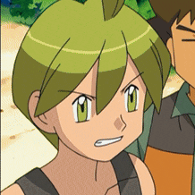 a cartoon character with green hair and a serious look on his face