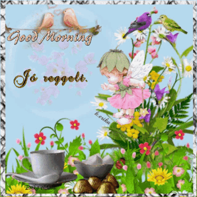 a good morning greeting card with flowers and a cup of coffee