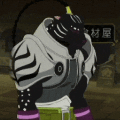 a cartoon character is standing in front of a sign with chinese writing on it