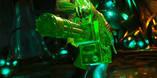 a video game character is holding a green weapon with the number 6 on it