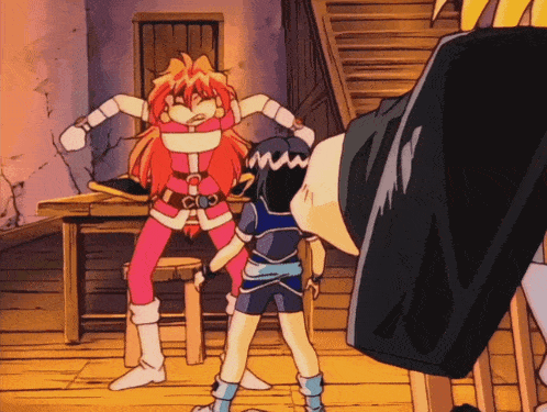 a cartoon character with red hair is standing next to a girl with blue shorts