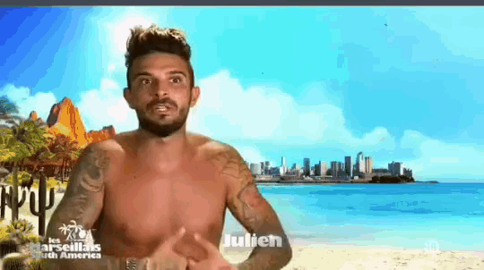 a shirtless man is standing on a beach with the name julien on the bottom