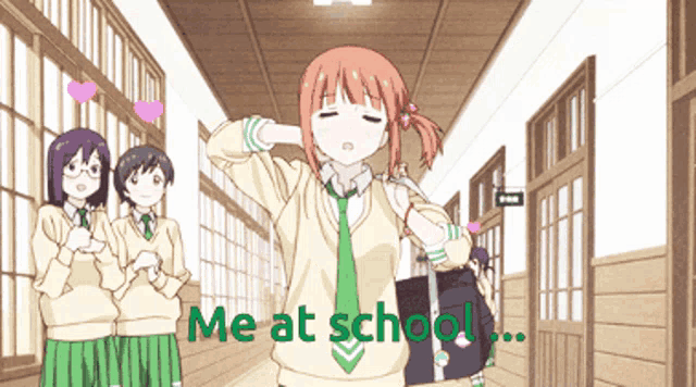 a girl in a school uniform stands in a hallway with the words me at school