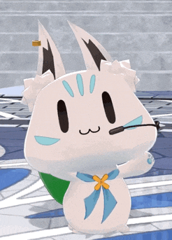 a cartoon character with a microphone and a blue bow