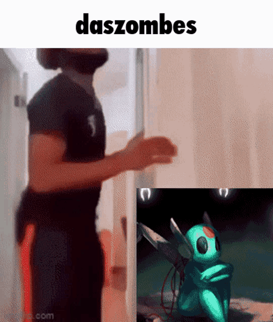a man wearing a virtual reality headset is standing next to a picture of a monster and the words ddszombies