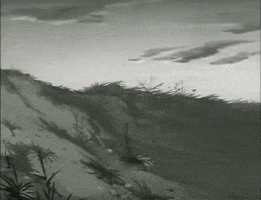 a black and white drawing of a hillside with a cloudy sky