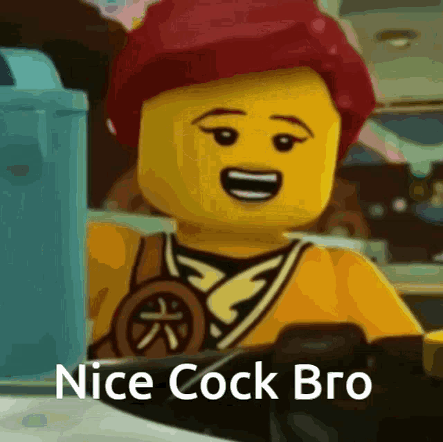 a lego character says nice cock bro in a cartoon