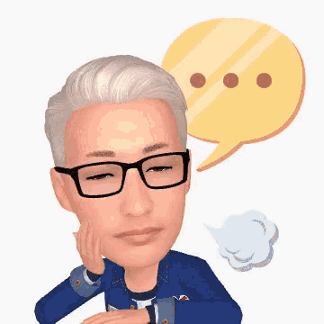 a man wearing glasses and a blue jacket has a speech bubble above his head