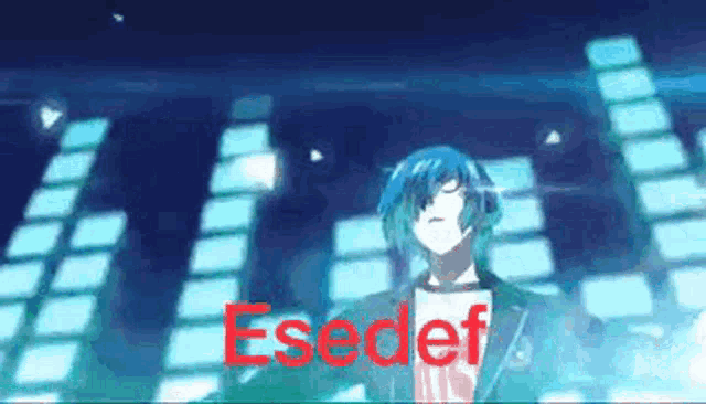 a man with blue hair is standing in front of a blue background with the word esedef written in red .