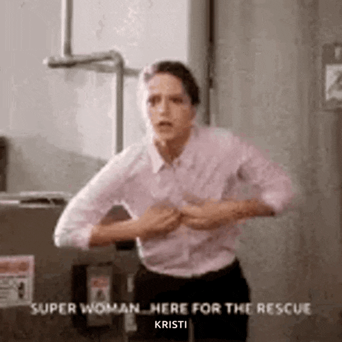 a woman is standing in a room with her hands on her chest and says `` super woman here for the rescue '' .