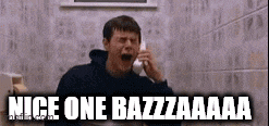a man is screaming while talking on a phone in a bathroom with the words nice one bazzzzaaa written above him .