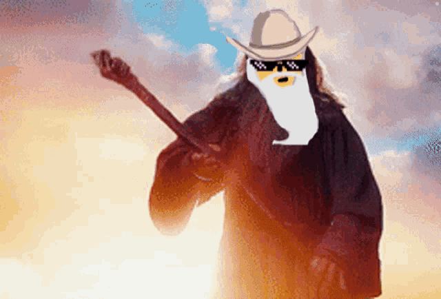 a man wearing a cowboy hat and sunglasses holds a sword