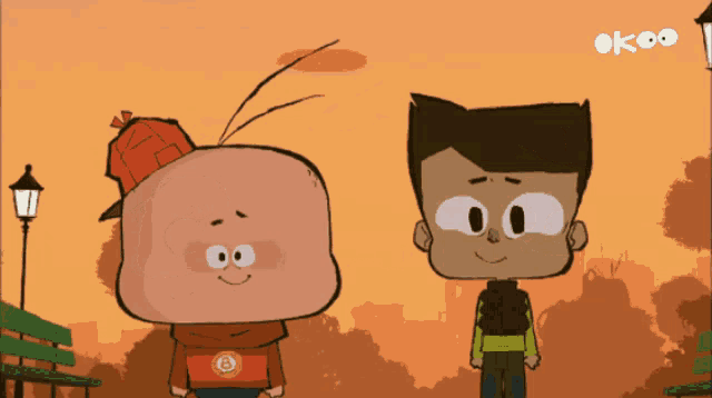two cartoon characters standing next to each other with the word ok on the bottom left