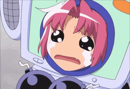 a cartoon character with pink hair and a blue hood is crying