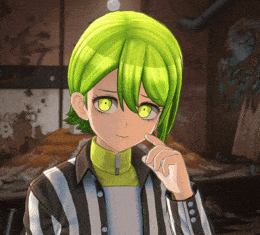 a cartoon character with green hair and yellow eyes
