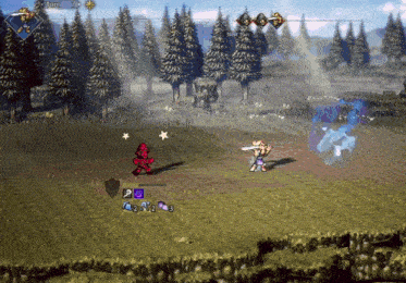a video game is being played in a field with trees in the background and the number 7 on the top left