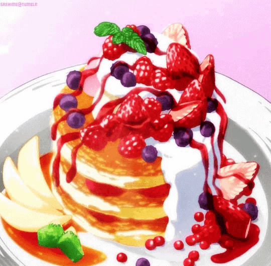a stack of pancakes with whipped cream and berries on a plate