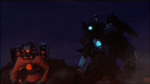 two robots are standing next to each other and one has a blue light on its head