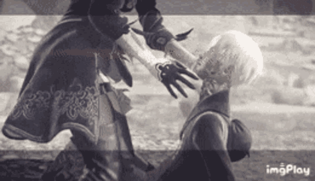 a black and white photo of a woman holding another woman 's hand .