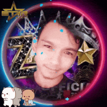 a man with a crown on his head is in a circle with a star maker logo in the background