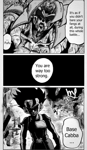 a black and white drawing of a man with the words " you are way too strong " on the bottom