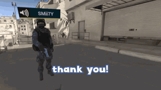 a soldier in a video game is standing in front of a sign that says smii7y