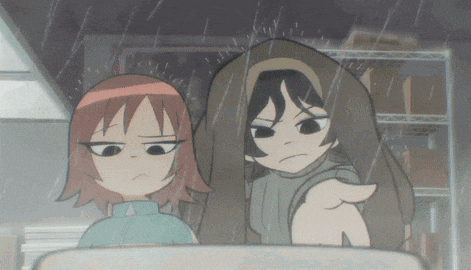 two cartoon characters are standing in the rain with one pointing