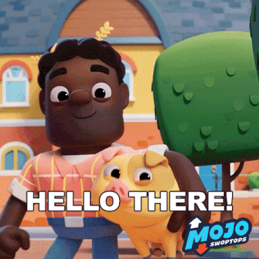 a mojo swoptops poster with a man and pig