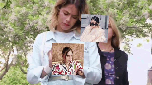 a woman holding a picture of a woman in a fur coat and sunglasses