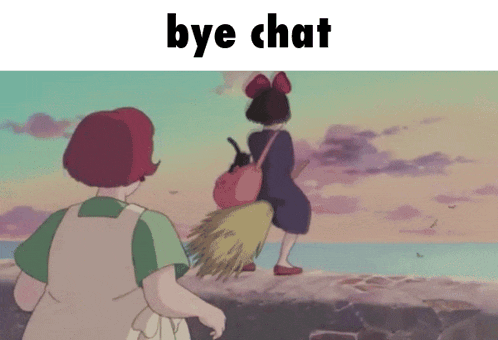 a cartoon of a girl on a broom and the words bye chat