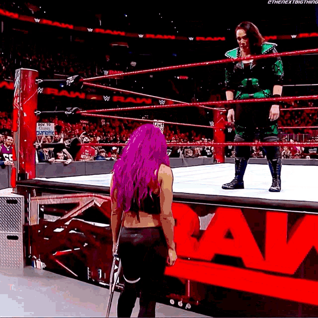 a woman with purple hair is standing in a wrestling ring next to a man in a green outfit