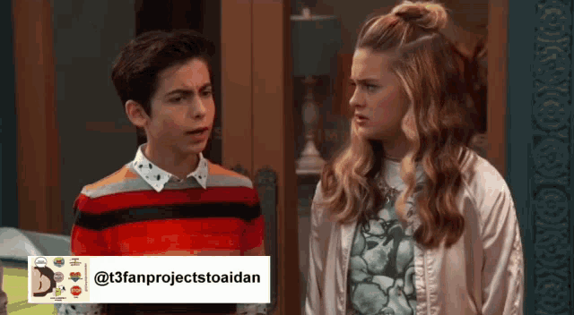 a boy and a girl are standing next to each other with a t3fanprojecttoaidan sticker on the bottom