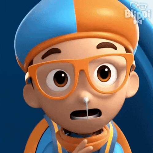 a close up of a cartoon character wearing glasses and a nose wipe .