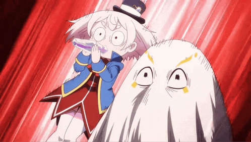 a girl in a top hat stands next to a monster