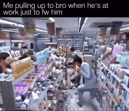 a man in a suit is pulling up to bro when he 's at work just to fw him in a store