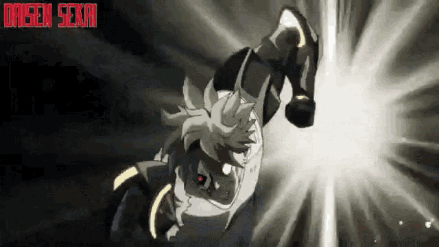 a cartoon character is flying through the air with the words " orien sekai " written on the bottom