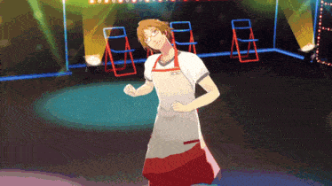 a man in an apron is dancing on a stage with chairs in the background