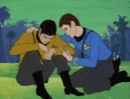 a cartoon of two men kneeling down one of them holding another man 's arm