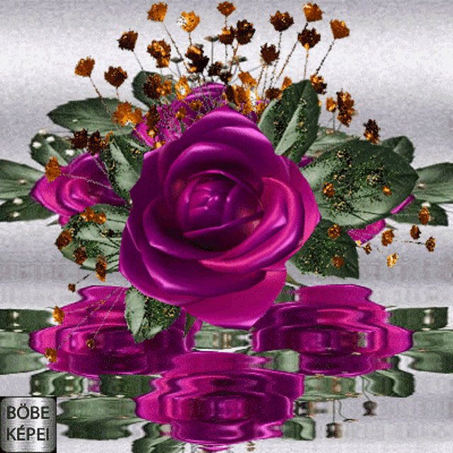a purple rose with green leaves is reflected in water