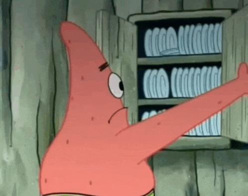 patrick star from spongebob squarepants is standing in front of a cabinet filled with plates .