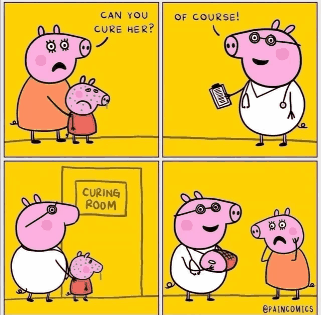 a cartoon of peppa pig talking to a doctor about curing her
