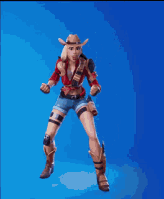 a woman in a cowboy outfit is standing in the air with her arms in the air .